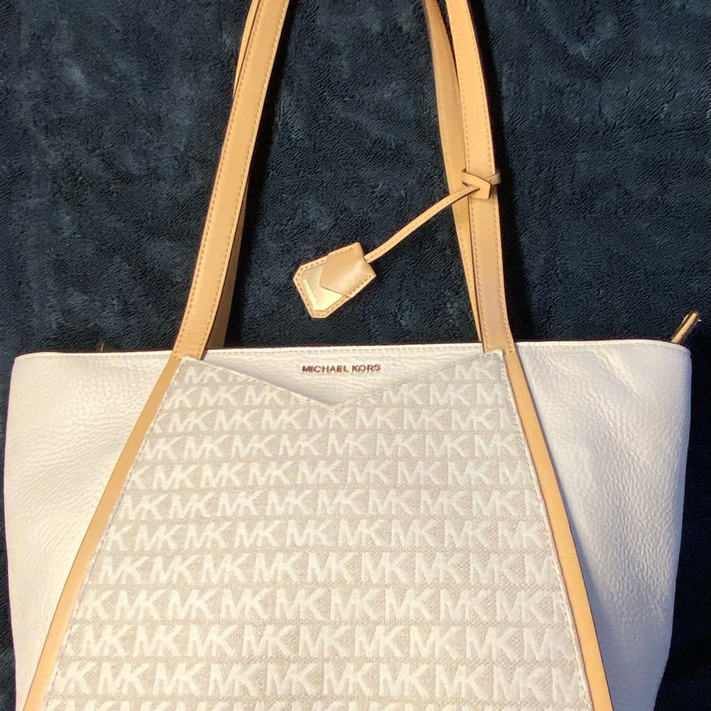 Michael Kors White and Tan Tote Bag with Signature MK Monogram